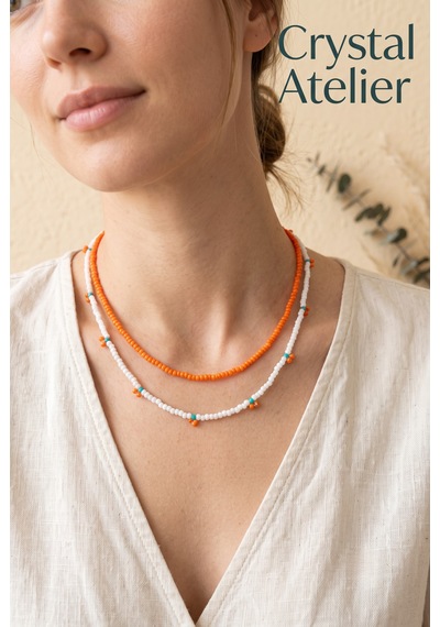 Crystal Atelier 2'li Turuncu Kiraz Boncuk Kolye Seti El Yapımı Kum Boncuk Beyaz Turuncu İkili Choker Kombini Meyve Temalı Hediyelik Kolye Turuncu - Beyaz