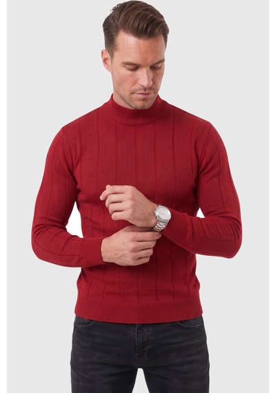 Deepsea Erkek Bordo Slim Fit Likralı Tüylenme Yapmayan Yarım Balıkçı Çizgili Triko Yarım Boğazlı Kazak 2505503 Bordo