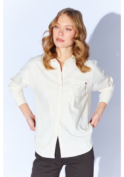 Manche Ekru Broş Detaylı Oversize Tek Cepli Gabardin Gömlek Mkw168174-01