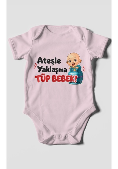 Morivokids Ateşle Yaklaşma Tüp Bebek Kısa Kollu Bebek Body %100 Pamuk Bebe Pembe