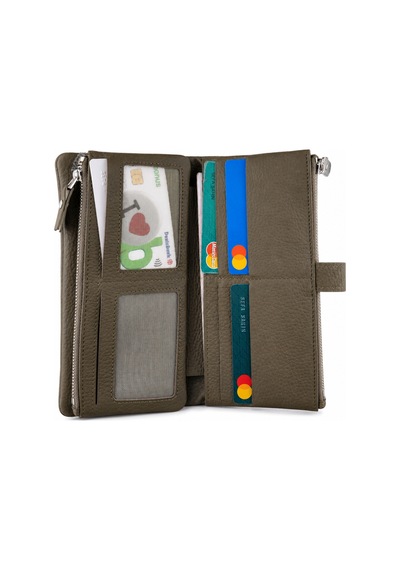 Alphaclub Bag Unisex Hakiki Deri Haki Renk Fermuarlı Çok Bölmeli Uzun Cüzdan