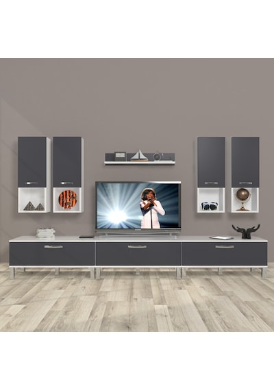 Decoraktiv Eko 8da Mdf Krom Ayaklı Tv Ünitesi Tv Sehpası Beyaz - Antrasit
