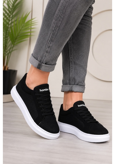 Günlük Rahat Taban Bağcıklı Sneaker Spor Ayakkabı Siyah Beyaz