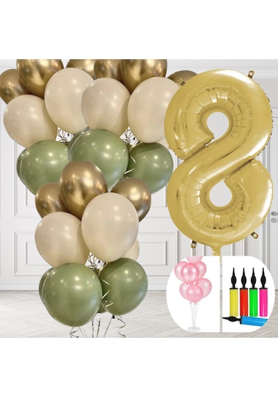 8 Yaş Balon Standlı Ve Pompalı Retro Küf Yeşili Krom Gold Kum Beji Balon Seti Gold Rakam Süsleme Çok Renkli
