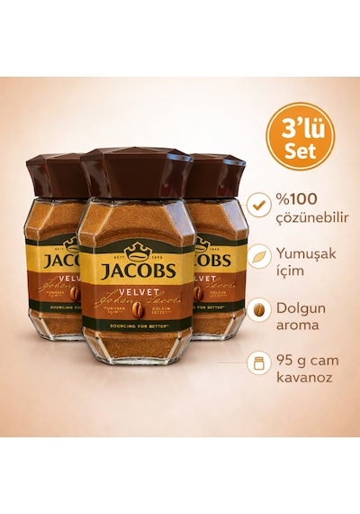 Jacobs Velvet %100 Çözünebilir Kahve 3 Adet X 95 G Yumuşak İçim, Dolgun Lezzet Çözünebilir