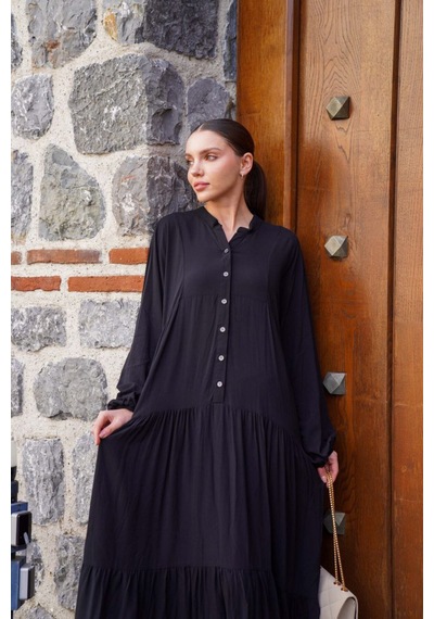 Polologin Butik Gömlek Yaka Çok Katlı Maxi Elbise - Siyah Siyah
