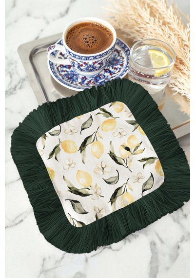 Limon Çiçeği Bahar Elegan Püsküllü Sunum Peçetesi-akdeniz Motifleri Desenli Bardak Altlığı Sunumluk Çok Renkli