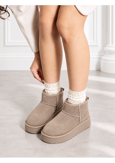 Dabab Shoes Kardelen Kadın Bej Lüks Süet İçi Kürklü Sıcak Astarlı 5 Cm Kalın Tabanlı Kısa Bot Kar Botu