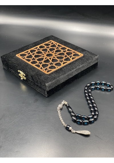 Onurlu Tesbihane Çift Renk Beyrut Tesbih Mavi 6,5x11 Mm Kapsül Kesim Erkek Tesbihi Gümüş