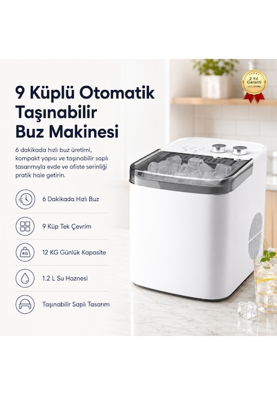 Buz Makinesi 9 Küplü Otomatik Taşınabilir Saplı, 6 Dakikada Hızlı Buz Üretimi Mini Ev Tipi-1704