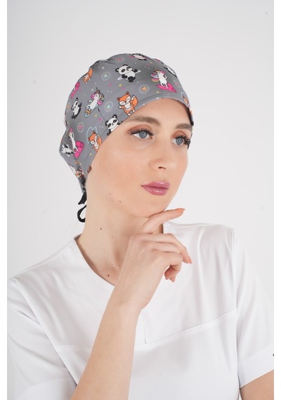 Unisex Pandex Desenli Hemşire Doktor Hastane Medikal Aşçı Cerrahi Bonesi Gri