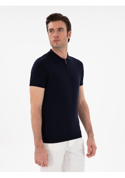 Lacivert Slim Fit Fermuarlı Polo Yaka Triko T-shirt
