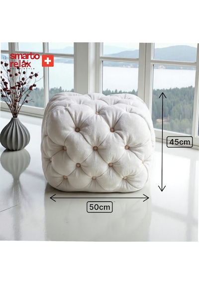 Smarto Relax Swiss Style Puf Zinal Ayaksız Kapitoneli Kare 45x45 Cm Baby Face Dekoratif Kapitoneli Dekoratif Puf Ekru
