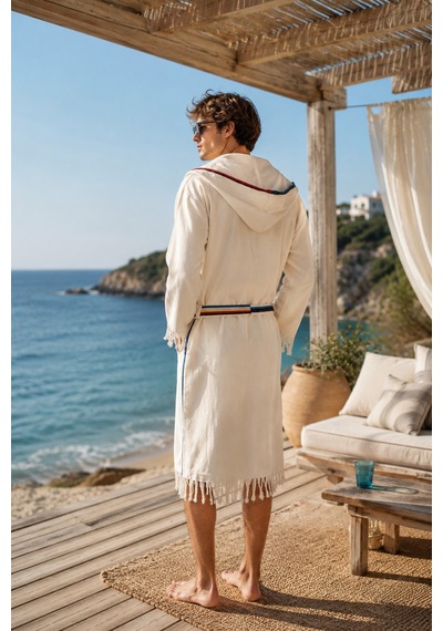 Kibira Krem Uzun Bornoz - %100 Pamuklu- Kapşonlu - Unisex Bornoz Açık Krem