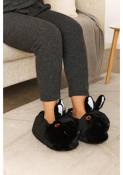 Modaonn Kadın Hayvanlı Kışlık Peluş Tavşan Panduf Ev Terliği Siyah