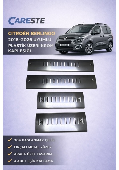 Citroen Berlingo 2019-2026 Uyumlu Kapı Eşiği 4 Parça 304 Paslanmaz Çelik Plastik Üzeri Krom