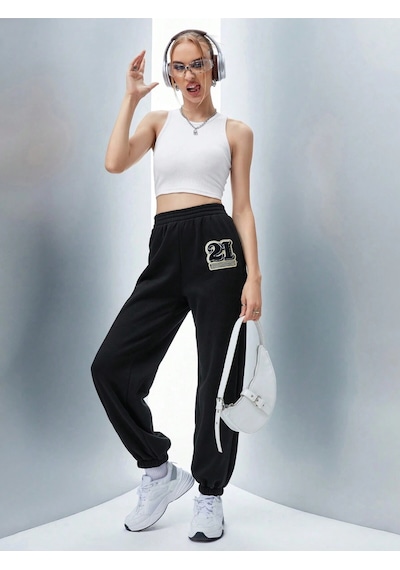 Qutie Letter Graphic Elastic Waist 4 Mevsim Eşofman Siyah
