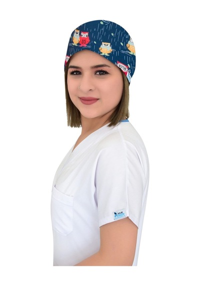 Şirin Yağmur Baykuş Desenli Hastane Doktor Hemşire Bonesi Beyaz Beyaz