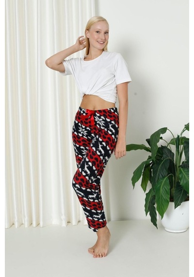 Farya Home Luxury Soft Welsoft Polar Desenli Kurdeleli Kışlık Pijama Altı Pantolon Lacivert Kırmızı Lacivert - Kırmızı