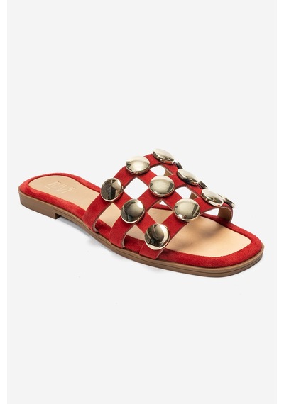 Luvi Shoes Bareon Kırmızı Süet Hakiki Deri Bantlı Altın Tokalı Kadın Terlik