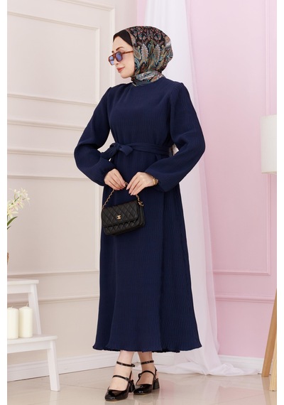 Sevitli Beli Kuşaklı Luna Tesettür Elbise-lacivert-4888 Lacivert