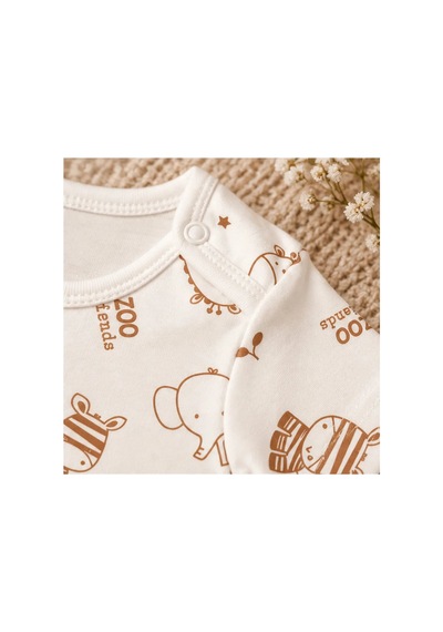 Cantaz Unisex Bebek Safari Hayvan Desenli %100 Pamuk Kısa Kollu Çıtçıtlı Body Zıbın Krem