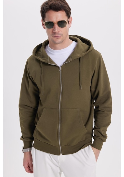 Tudors Unisex Relax Fit Rahat Kesim Pamuklu İçi Polarlı Çift Cepli Tam Fermuarlı Haki Kapüşonlu Sweatshirt-41651 Kahverengi