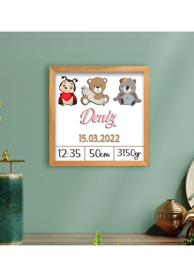 BK Gift Kabartma Figürlü Yeni Doğan Kız Bebek Doğum Panosu Ahşap