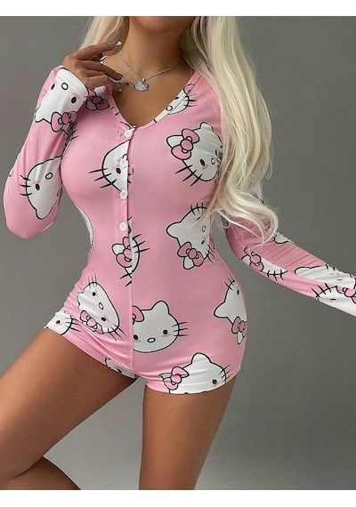 Pamuklu Pembe Hello Kitty Desenli Düğmeli Uzun Kol Tulum Pijama