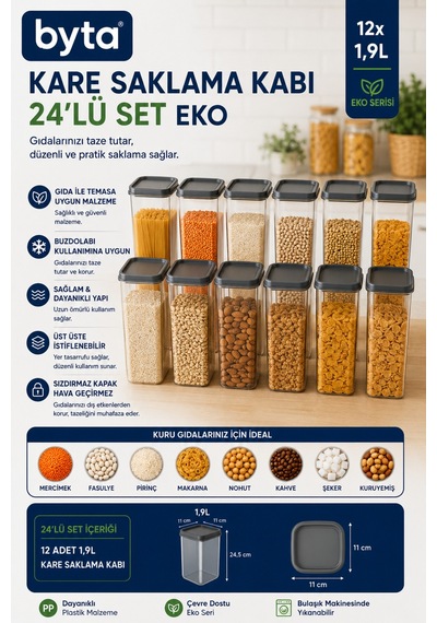 12'li Kare Erzak Saklama Kabı Seti 12x1,9 L Kapaklı Plastik Gıda Saklama Kabı Şeffaf Mutfak Düzenleme Seti Şeffaf