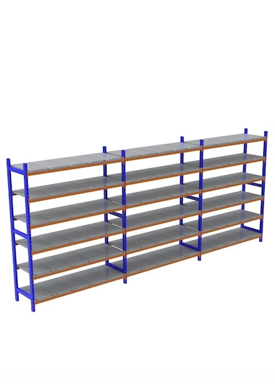 6 Katlı 3'lü Depo Rafı - 300-350 Kg Taşıma Kapasiteli Hafif Rack Raf 40x150x200 Cm Mavi - Gri
