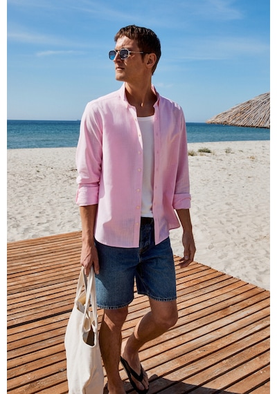 Grimelange Perttu Erkek %100 Pamuk Slim Fit Dar Kesim Düğmeli Yaka Keten Görünümlü Flamlı Pembe Göml Pembe