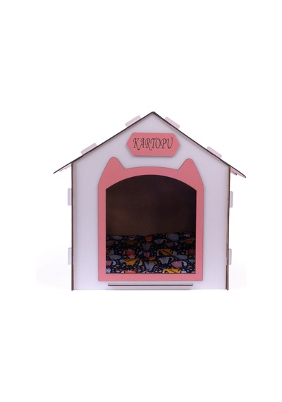 Ahşap Özel İsim Baskılı Dekoratif Kedi Evi-kulübesi, Kediler İçin Kulübe, Kedi Kulübesi Beyaz-pembe