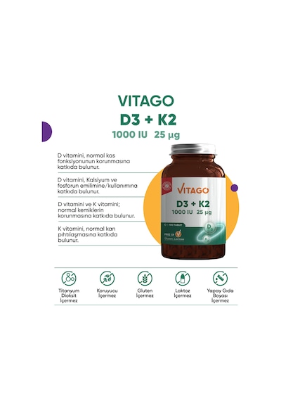 Vitago Vitamin D3 Ve Vitamin K2 İçeren Tablet Takviye Edici Gıda 100 Kapsül