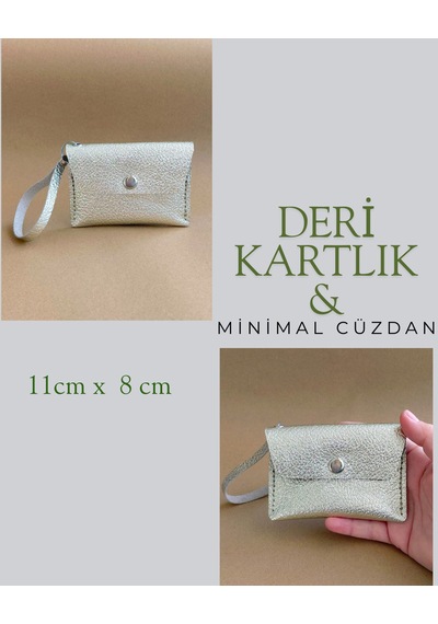 Hakiki Deri Minimal Avuçiçi Simli Tasarım Kadın Cüzdan Kartlık Drc-24 Simli Sarı