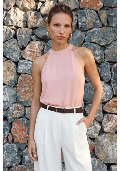Sateen Halter Yaka Bluz - Pudra-137730