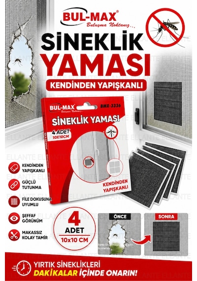 Kendinden Yapışkanlı Sineklik Yaması 4 Adet 10x10 Cm Sineklik Tamir Bandı Delik Yırtık Onarım Yaması