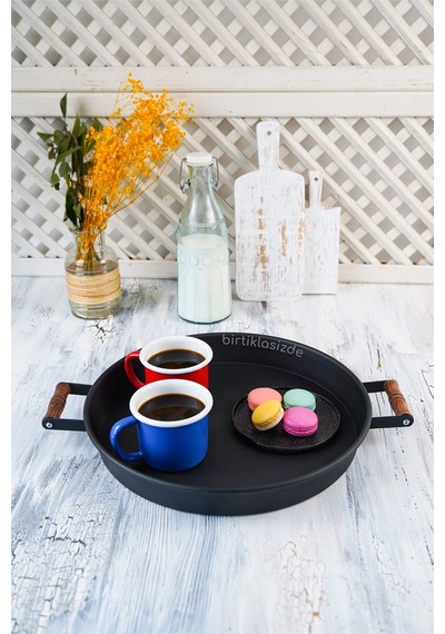 Kitchen Trend Yuvarlak  37 Cm Ahşap Kulplu Metal Siyah Tepsi
