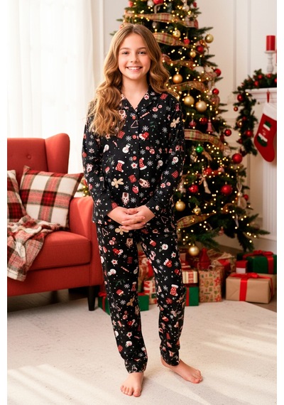 Kız Çocuk Yeni Yıl Temalı Pijama Takımı-%100 Pamuk Süet -12450 Siyah