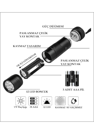 Ultraviyole Fener, Mor Işık Fener 12 Led , 395 Nm Uv Fener Siyah