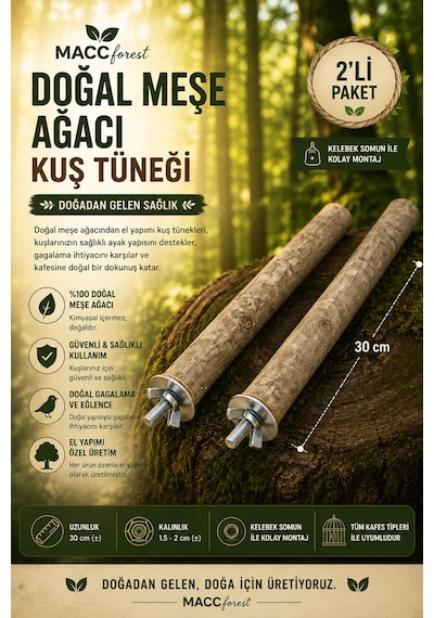 Mutlu Kuşlar Serisi / Doğal Ağaç Kuş Tüneği / 2 Adet - 35/45cm