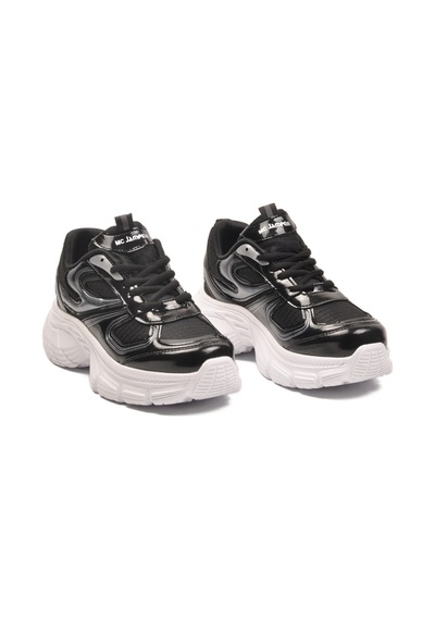 Siyah Beyaz Bağcıklı Hafif Yüksek Taban Kadın Sneaker 2376 G Siyah Rugan-beyaz