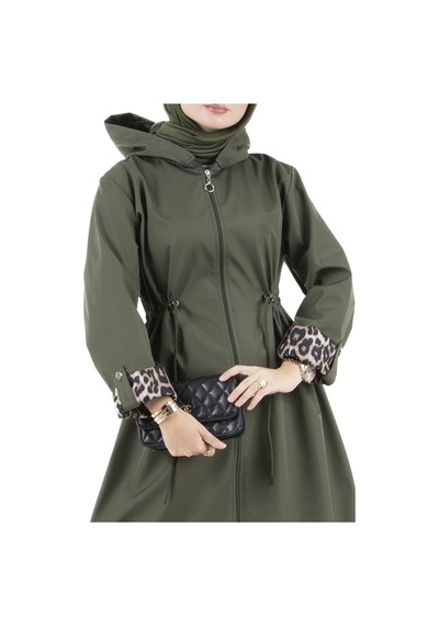 Sevitli Leopar Detaylı Trençkot-haki-2465-haki Haki