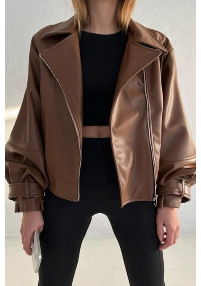 Mavifidesign Kadın Taba Oversize Deri Ceket Taba Taba