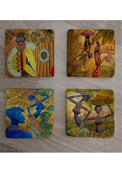 Aborjin Kabile Üyeleri Etnik Doğal Taş Bardak Altlığı 4'lü Set - Natural Stone Coasters - Taş Çok Renkli