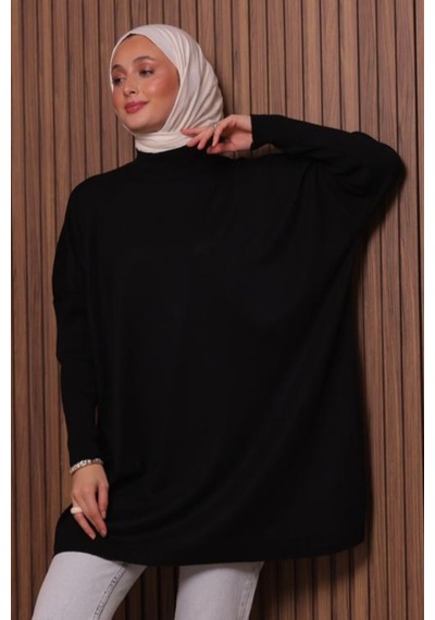 Balenbi Kadın Dik Yaka Basic 80cm Salaş Oversize Triko Tunik 1145 Siyah