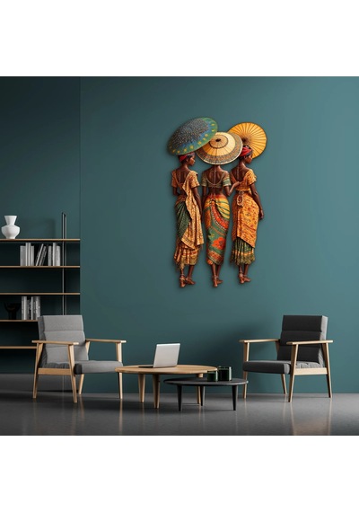 Renkli Şemsiyeli Üç Kadın - Metal Tablo - Dec0283 56 X 95 Cm Çok Renkli