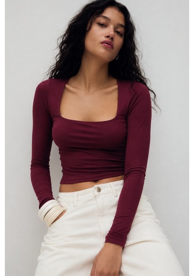 Seeh Bordo Kare Yaka Uzun Kollu Kadın Body Sh206
