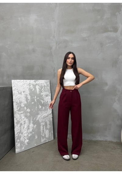 New Journal Kadın Bordo Yüksek Bel Pileli Plazzo Kumaş Pantolon Nwj-1000500018 Bordo