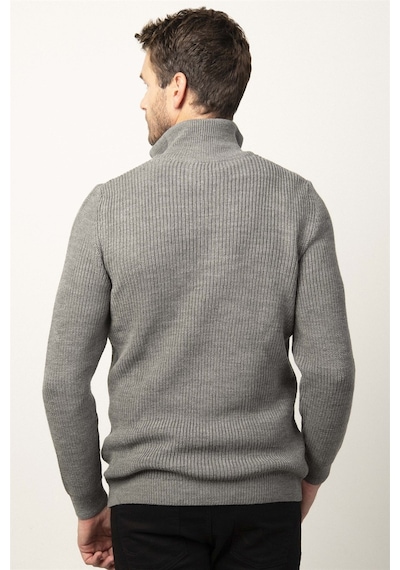 Tudors Slim Fit Dar Kesim Dik Yaka Fermuarlı Erkek Kazak-26253 Gri